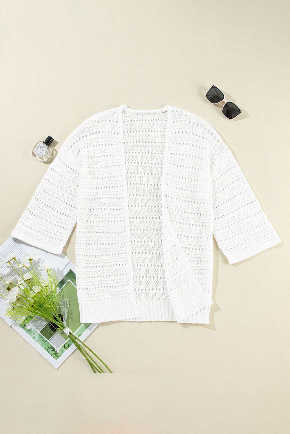 White Pointelle Knit Bracelet Sleeve Open Front Cardigan 