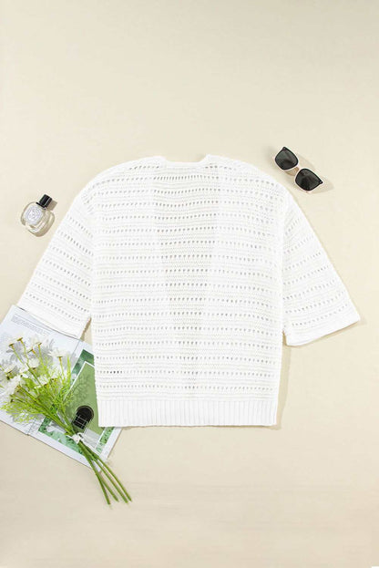 White Pointelle Knit Bracelet Sleeve Open Front Cardigan 