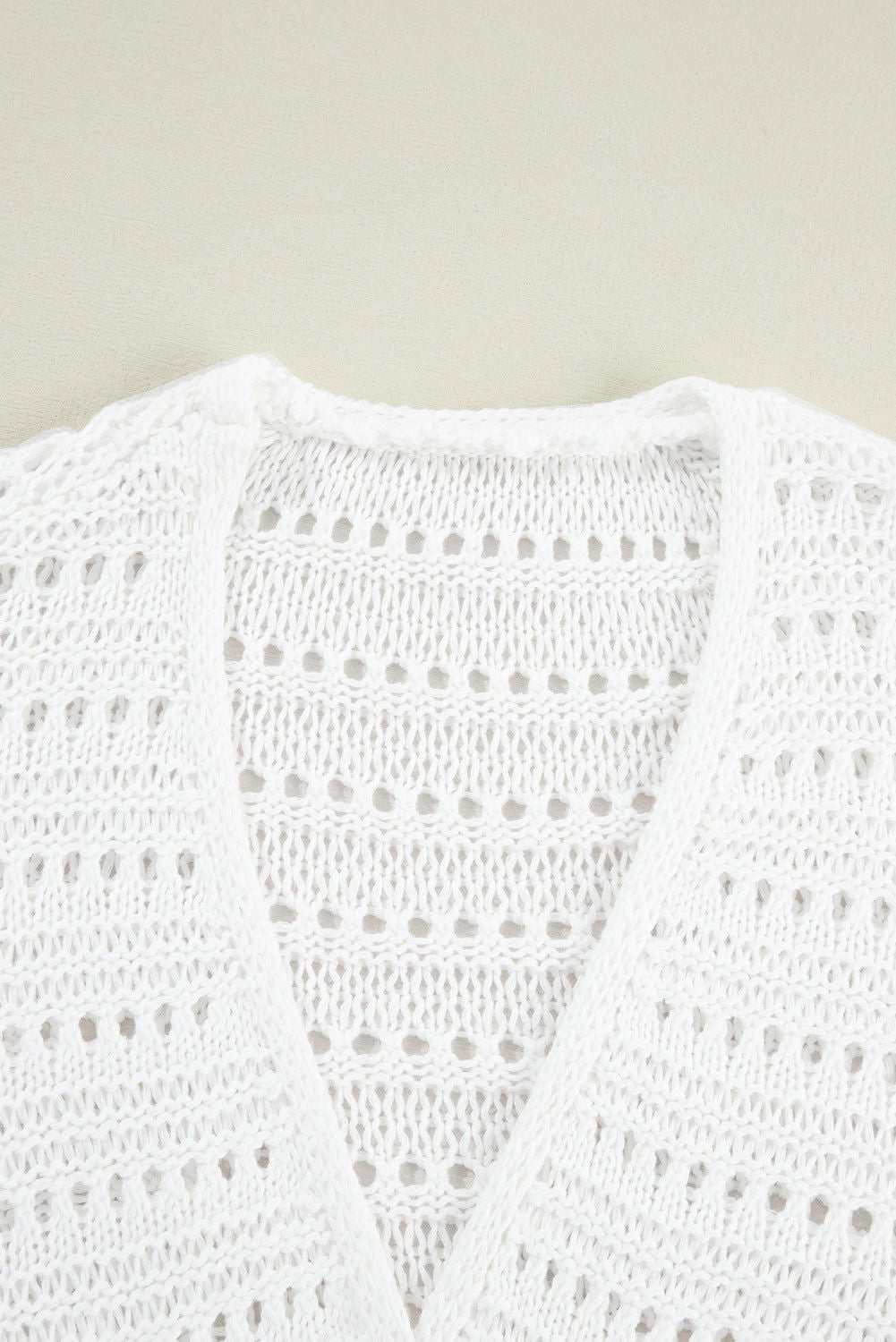 White Pointelle Knit Bracelet Sleeve Open Front Cardigan 