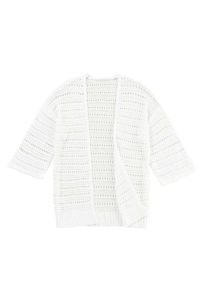 White Pointelle Knit Bracelet Sleeve Open Front Cardigan 