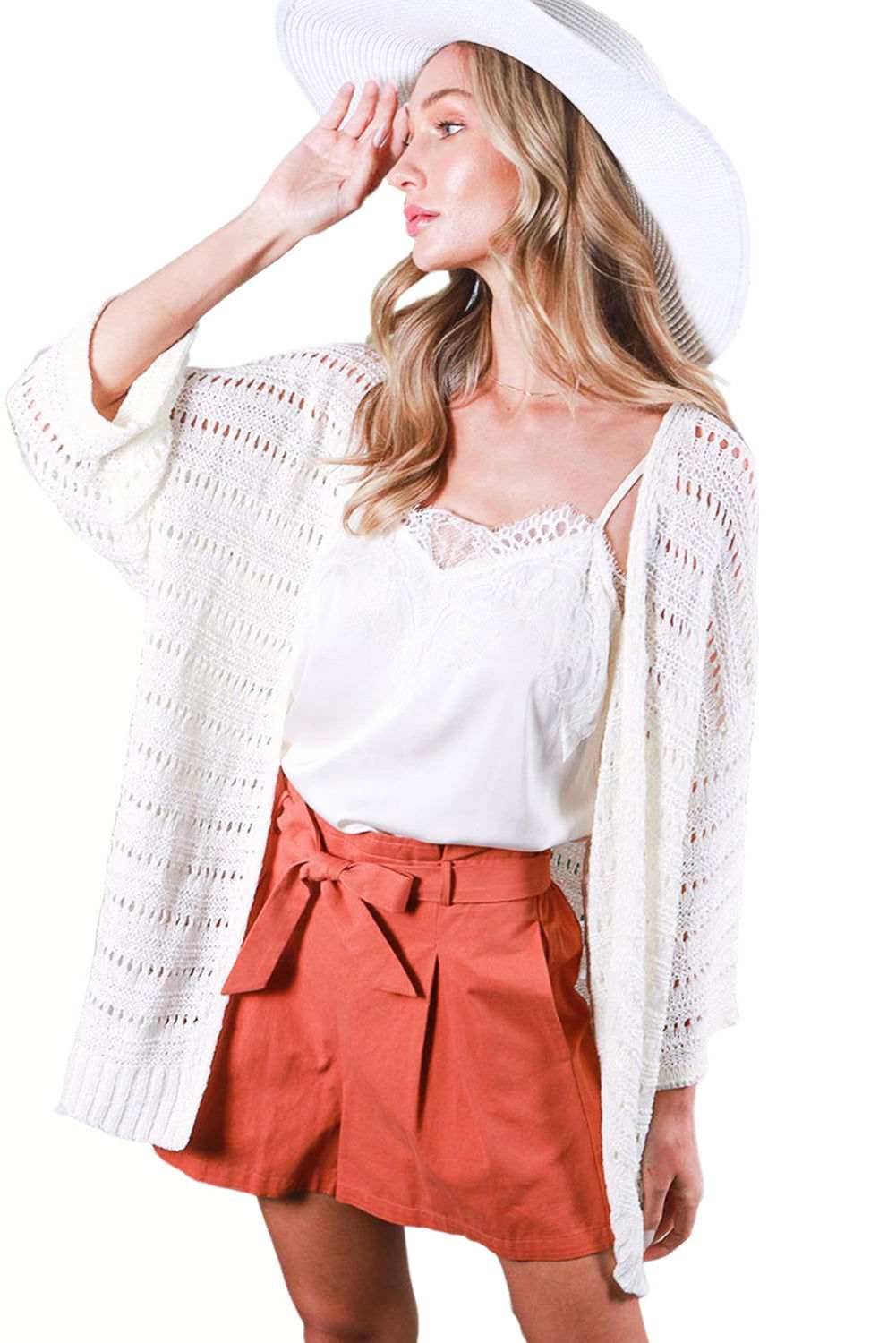 White Pointelle Knit Bracelet Sleeve Open Front Cardigan 