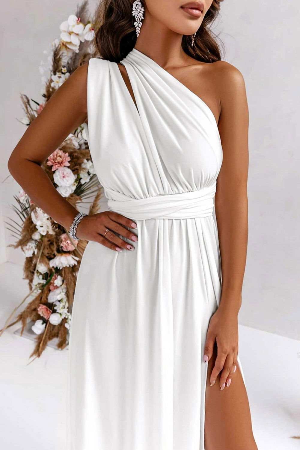 White Ruched High Split Cutout Back Sleeveless Maxi Wrap Dress 