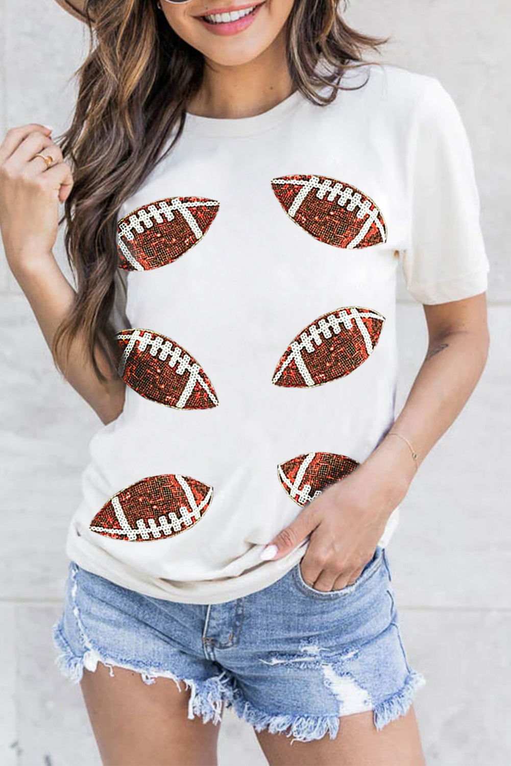 White Sequined Rugby Graphic T Shirt 