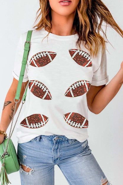 White Sequined Rugby Graphic T Shirt 