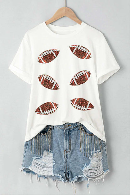 White Sequined Rugby Graphic T Shirt 