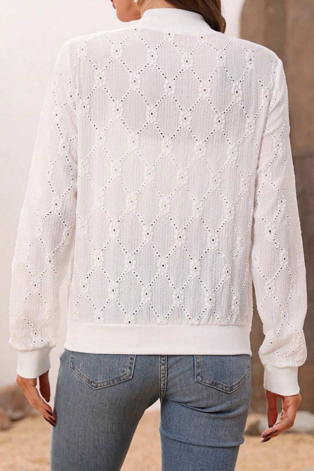 White Solid Color Collared Zipper Jacket 