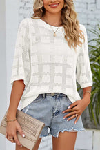 White Solid Color Half Sleeve Pullover Crochet Blouse 