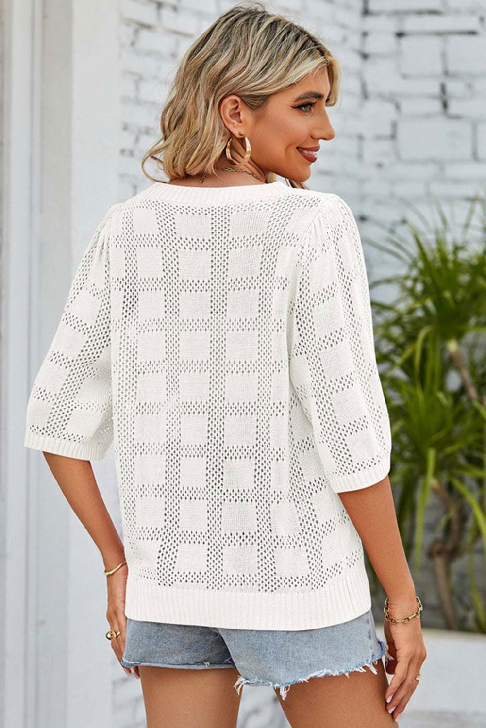 White Solid Color Half Sleeve Pullover Crochet Shirt 