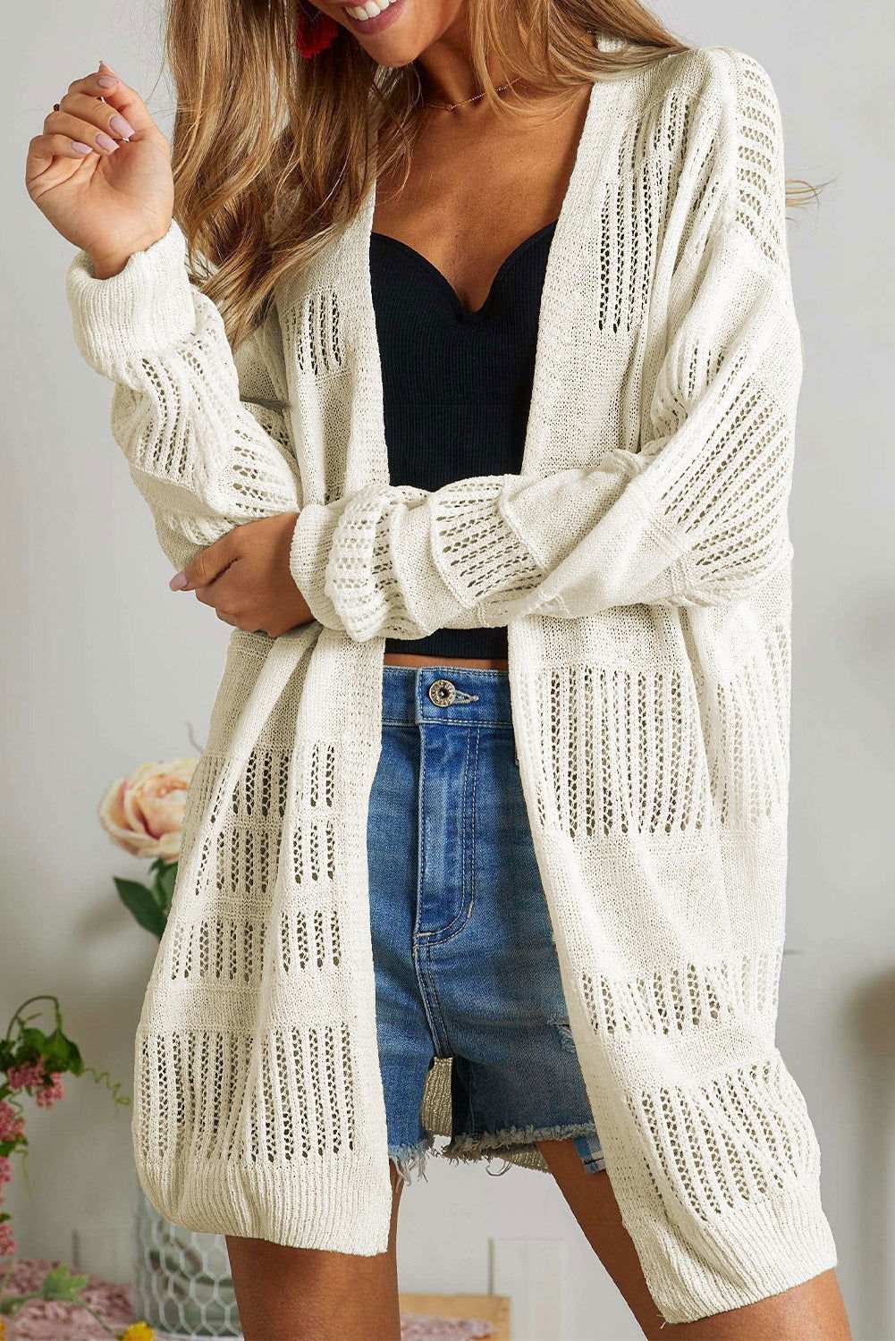 White Solid Color Open Front Knit Tunic Cardigan 