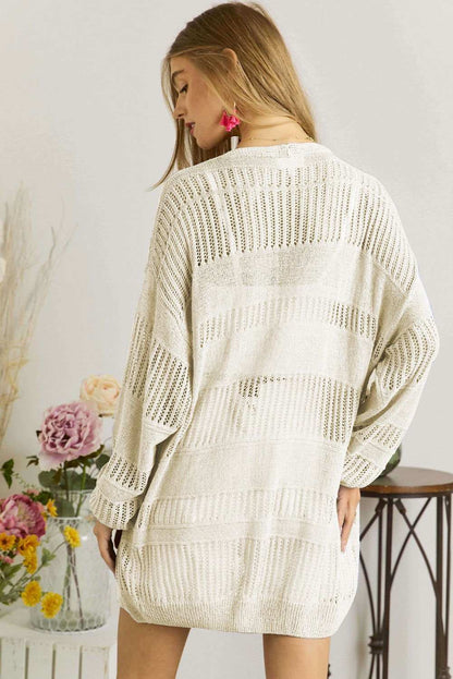 White Solid Color Open Front Knit Tunic Cardigan 