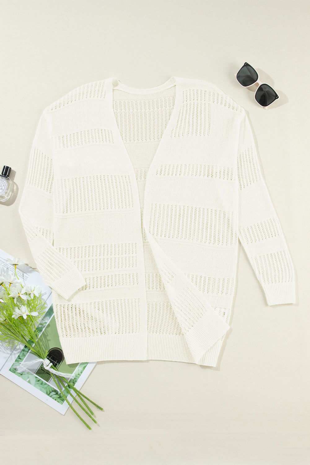 White Solid Color Open Front Knit Tunic Cardigan 