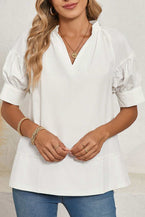 White Solid Color Ruched Bubble Sleeve V Neck Shirt 