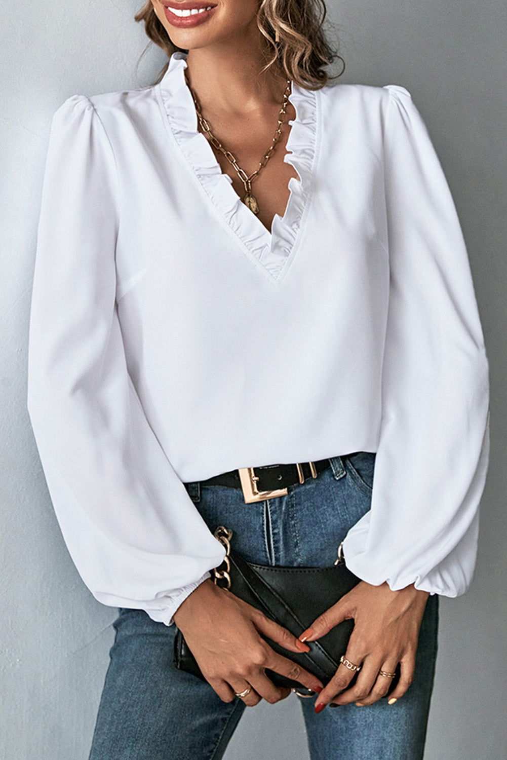 White Solid Color Ruffled V Neck Long Sleeve Shirt 