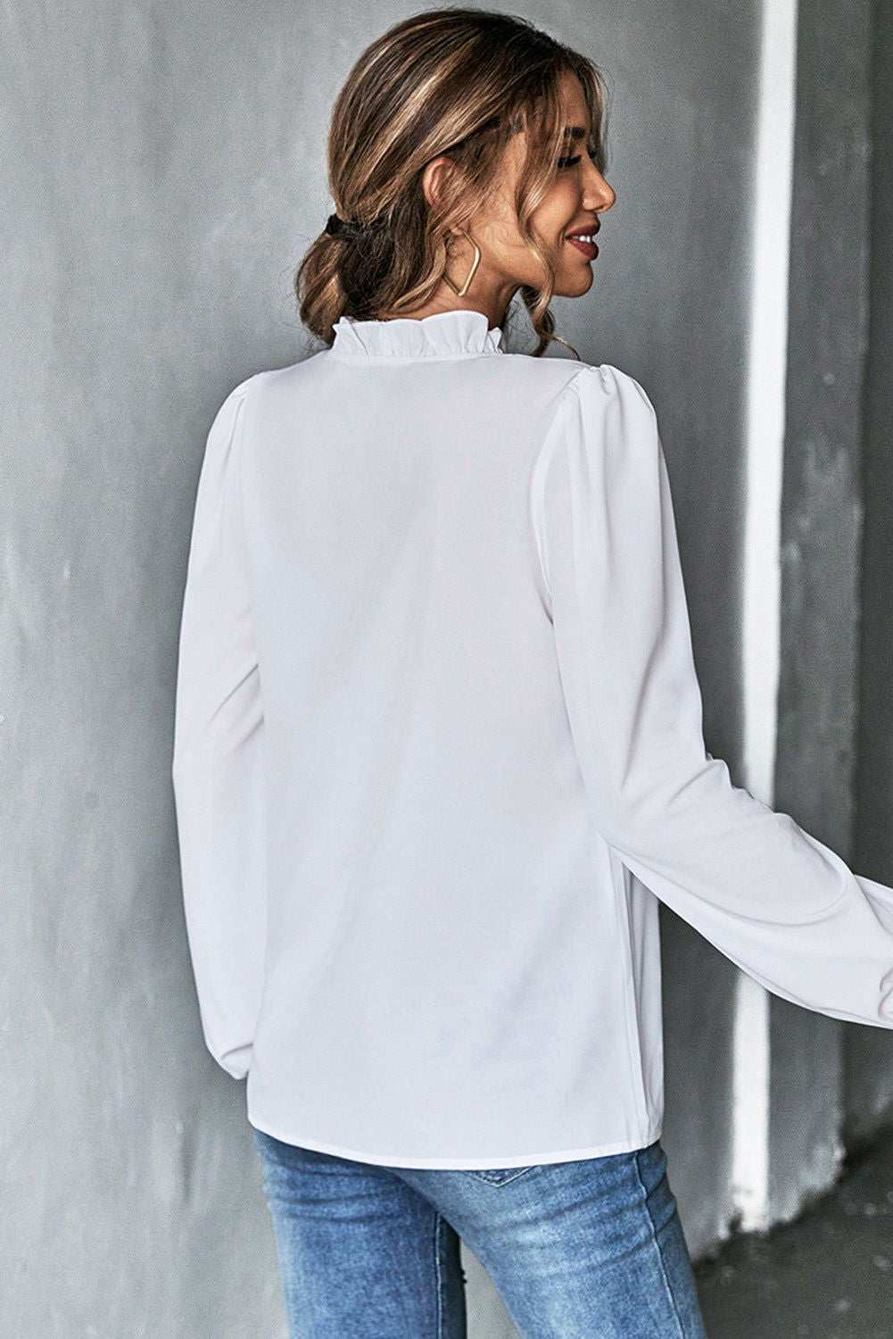 White Solid Color Ruffled V Neck Long Sleeve Shirt 