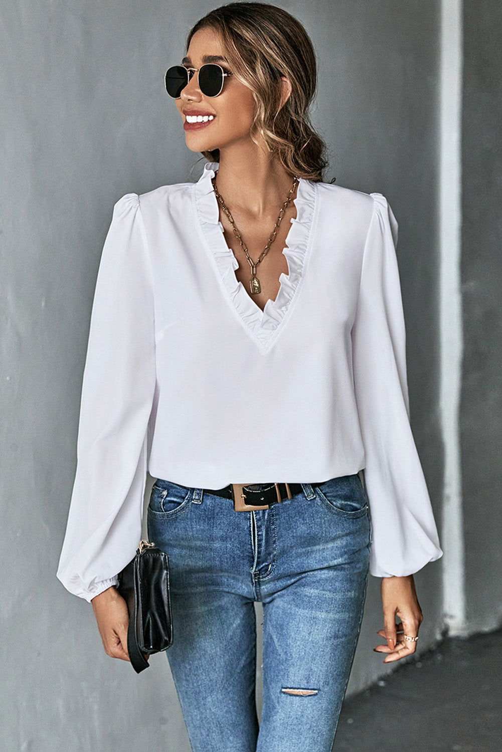 White Solid Color Ruffled V Neck Long Sleeve Shirt 