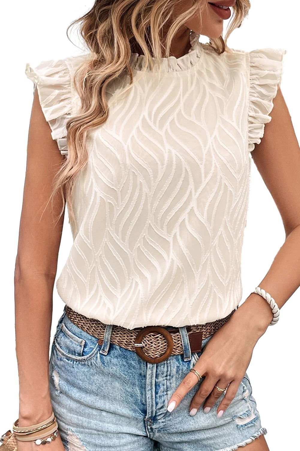 White Solid Color Textured Frill Neck Ruffle Sleeveless Blouse 