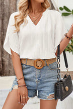 White Solid Color V-Neck Slim Hollow Out Tulip Sleeve Blouse 