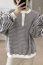 White Stripe Buttoned Crew Neck Oversized Sweatshirt 