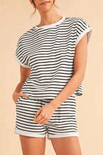 White Stripe Contrast Trim Rib Tee and Pocketed Shorts Set 