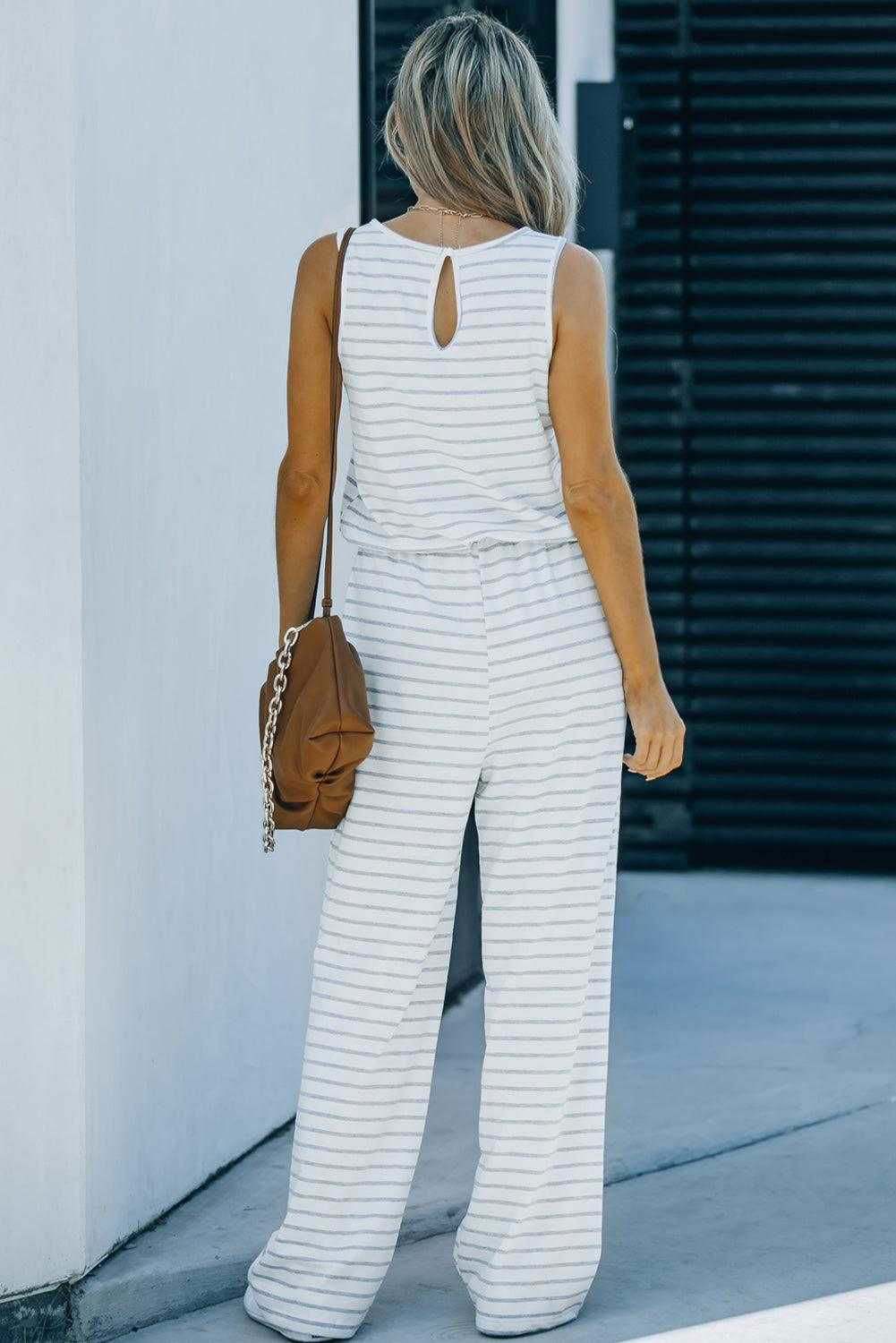 White Striped Keyhole Back Pockets Sleeveless Jumpsuit 