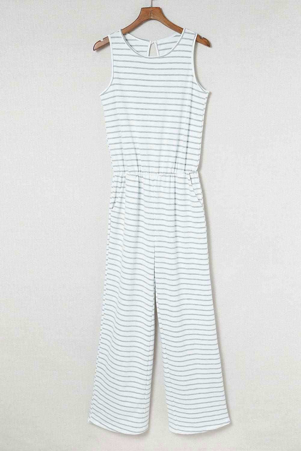 White Striped Keyhole Back Pockets Sleeveless Jumpsuit 