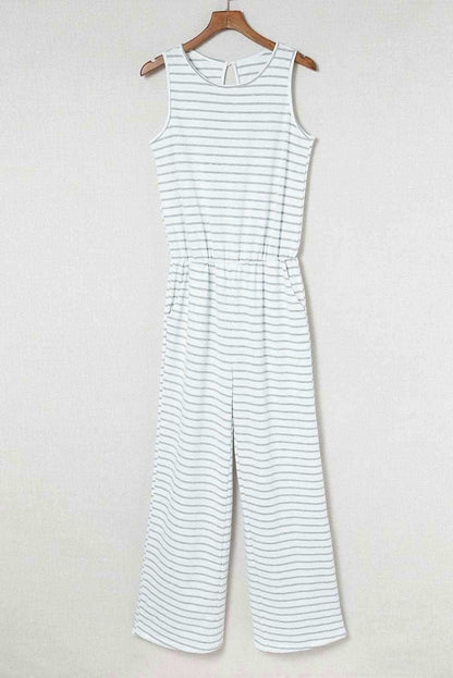 White Striped Keyhole Back Pockets Sleeveless Jumpsuit 