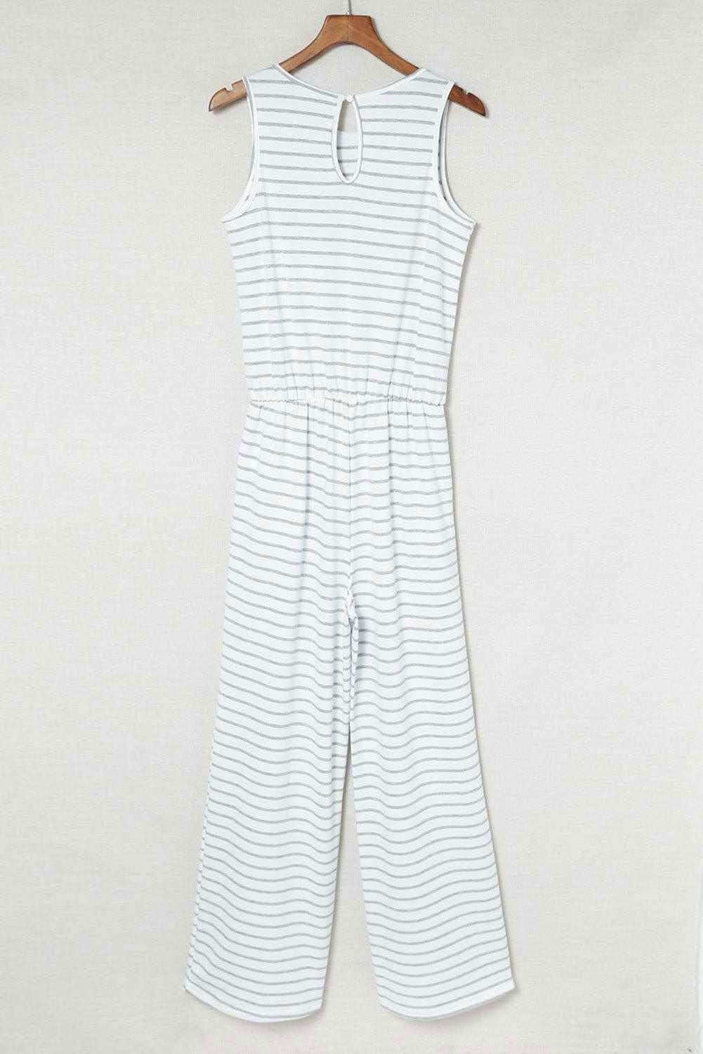 White Striped Keyhole Back Pockets Sleeveless Jumpsuit 