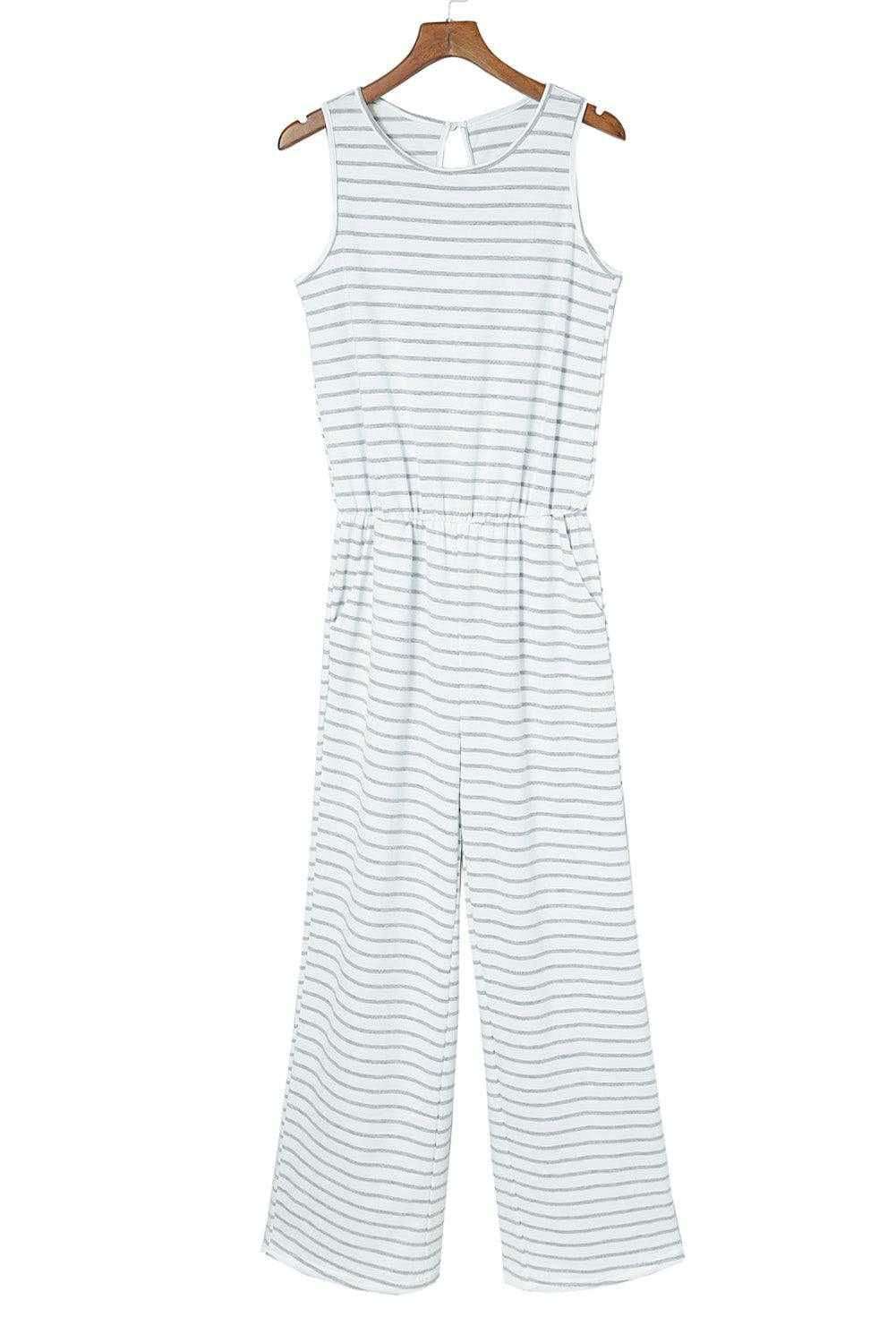 White Striped Keyhole Back Pockets Sleeveless Jumpsuit 