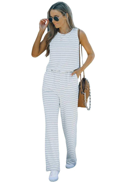 White Striped Keyhole Back Pockets Sleeveless Jumpsuit 