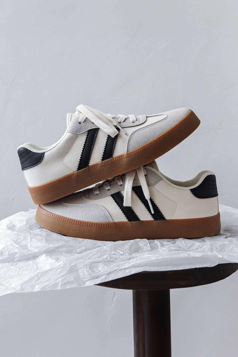 White Striped Lace Up Flat Sneakers 