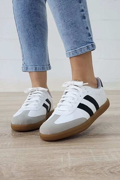 White Striped Lace Up Flat Sneakers 