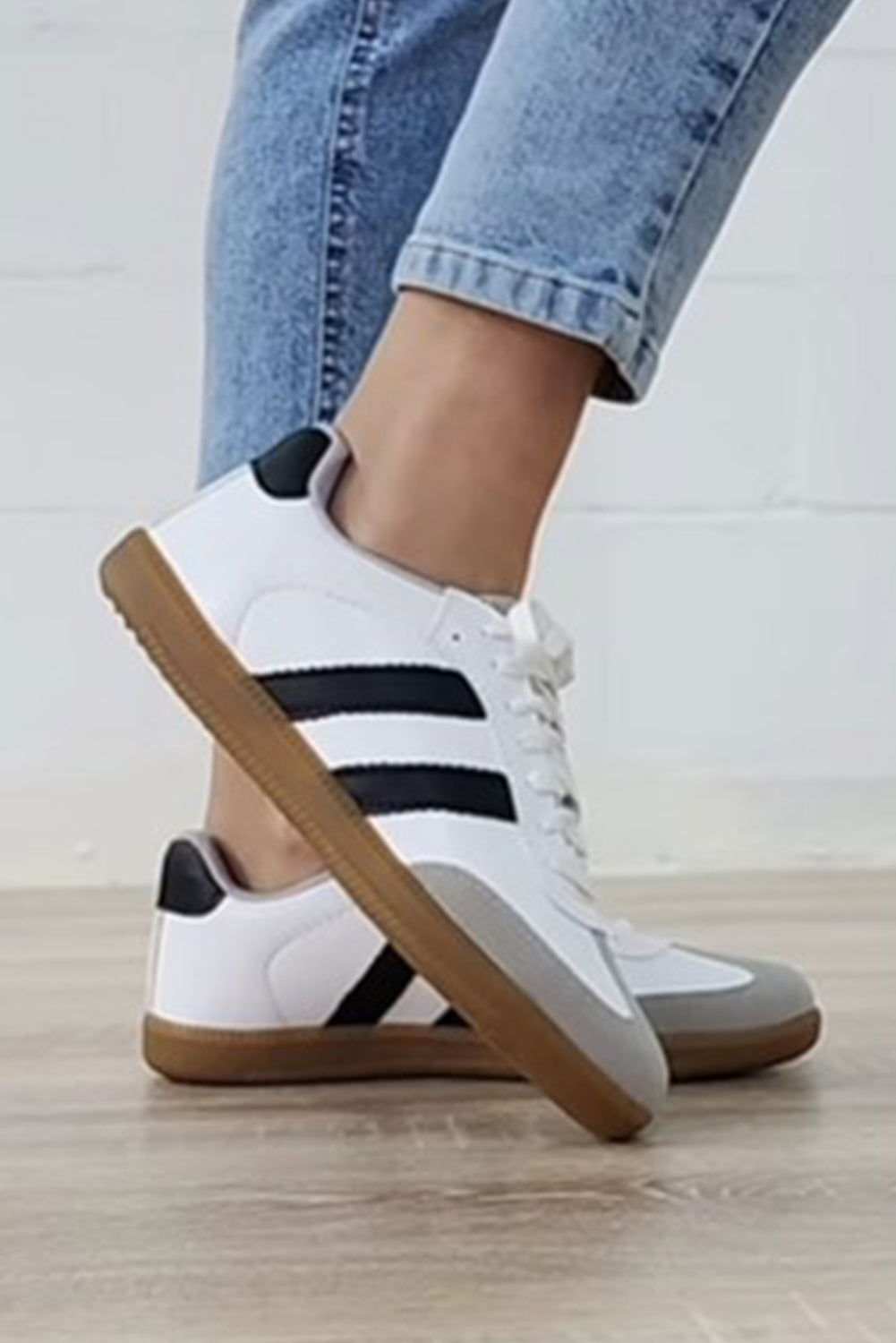 White Striped Lace Up Flat Sneakers 