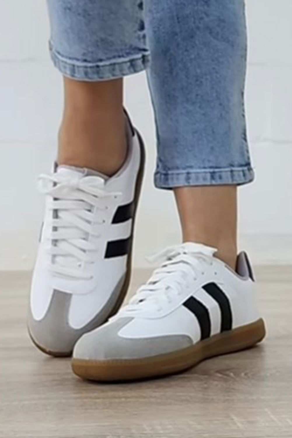 White Striped Lace Up Flat Sneakers 