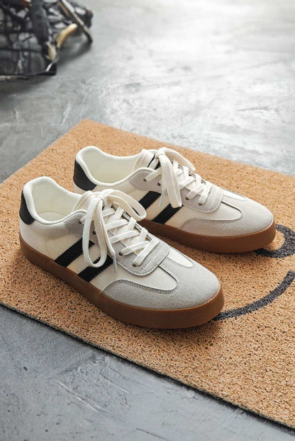 White Striped Lace Up Flat Sneakers 