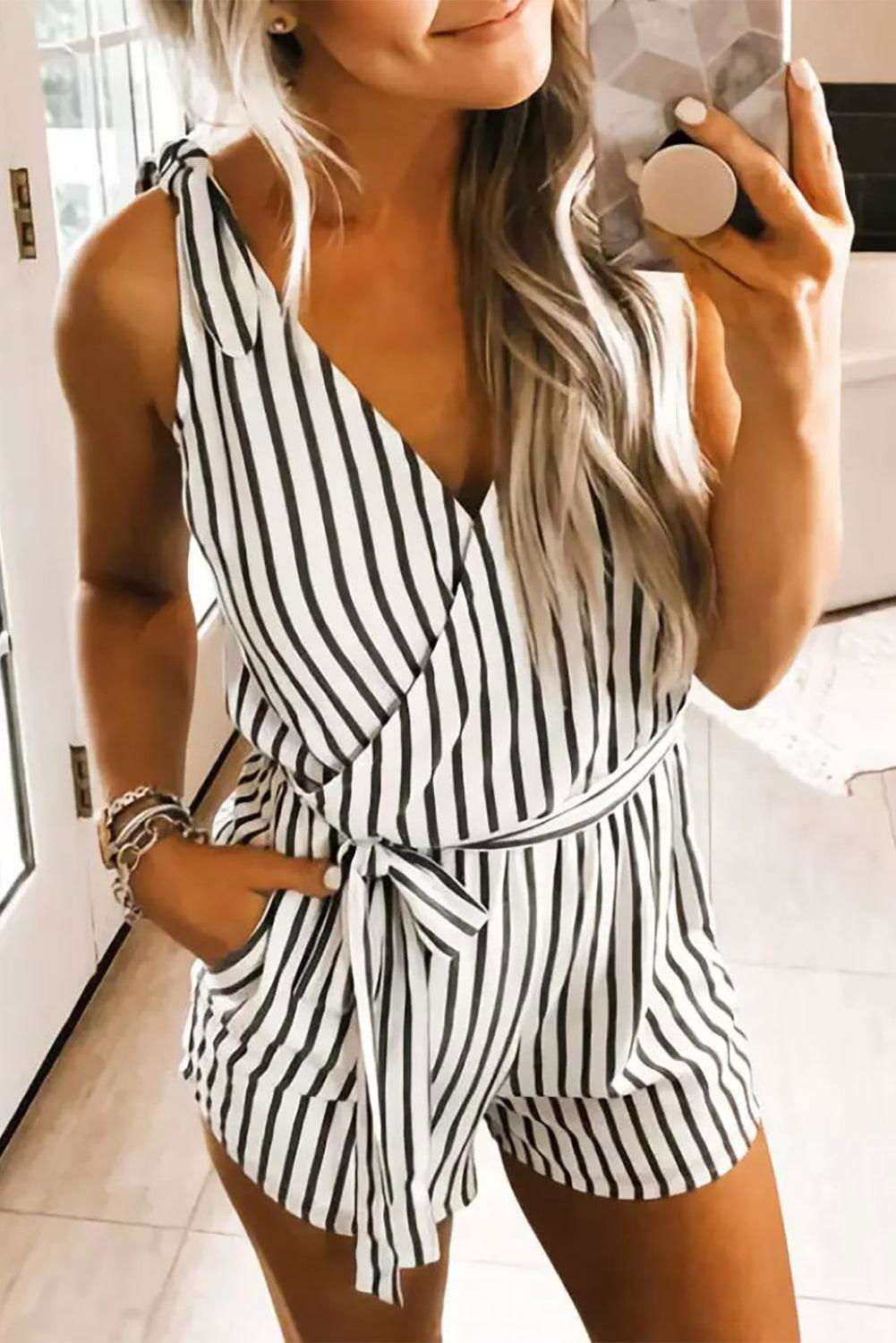 White Striped Print V Neck Sleeveless Belted Romper 