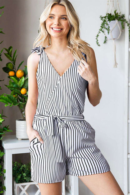 White Striped Print V Neck Sleeveless Belted Romper 