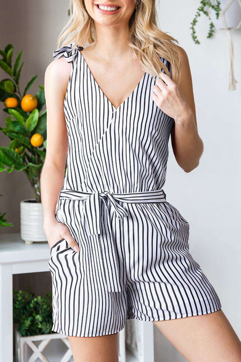 White Striped Print V Neck Sleeveless Belted Romper 