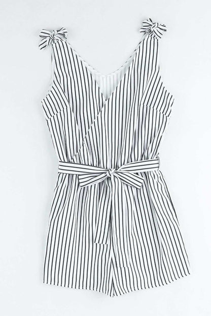 White Striped Print V Neck Sleeveless Belted Romper 