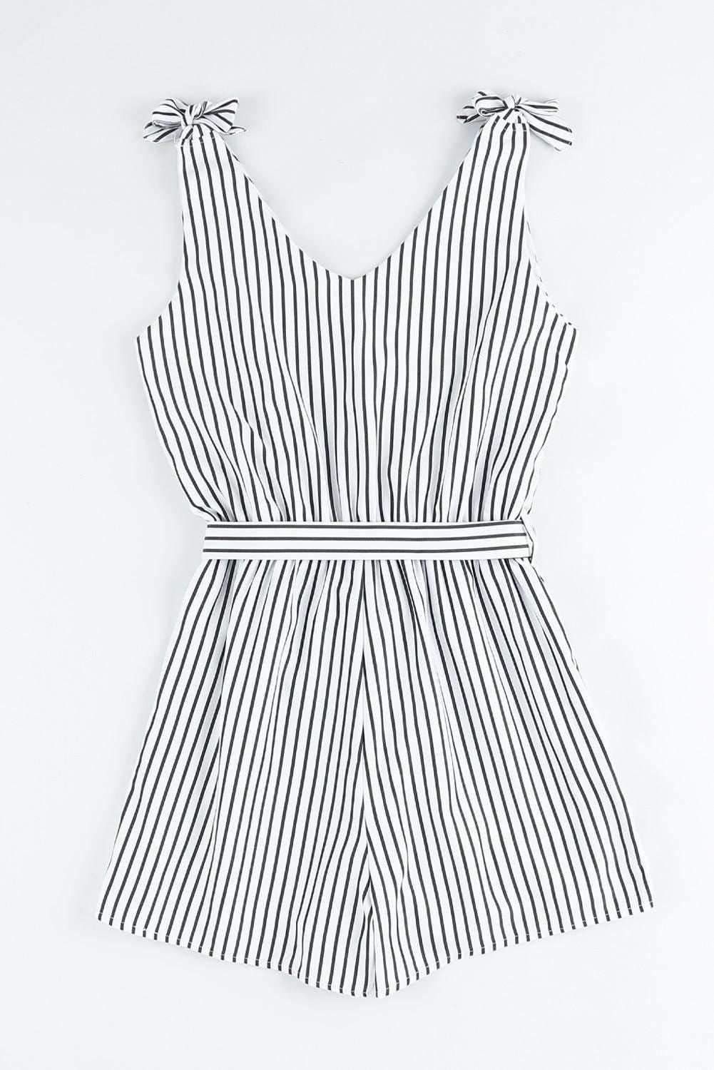 White Striped Print V Neck Sleeveless Belted Romper 