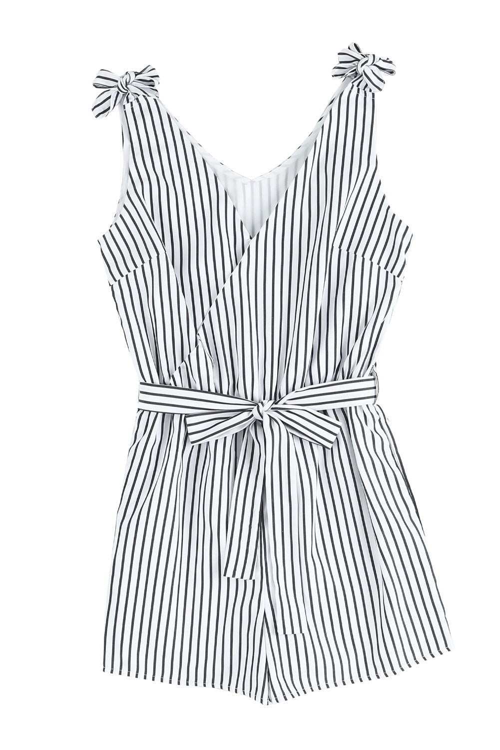 White Striped Print V Neck Sleeveless Belted Romper 