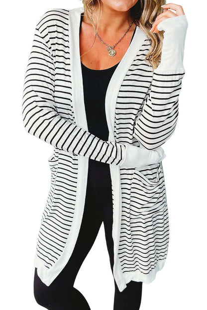 White Striped Side Pockets Open Front Long Cardigan 