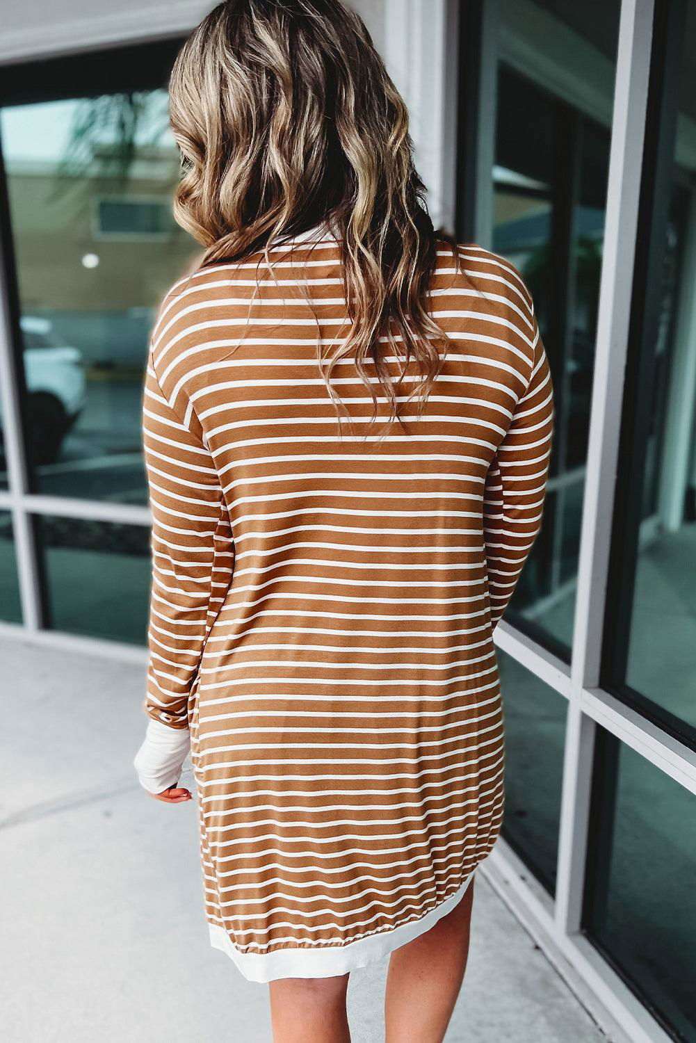 White Striped Side Pockets Open Front Long Cardigan 