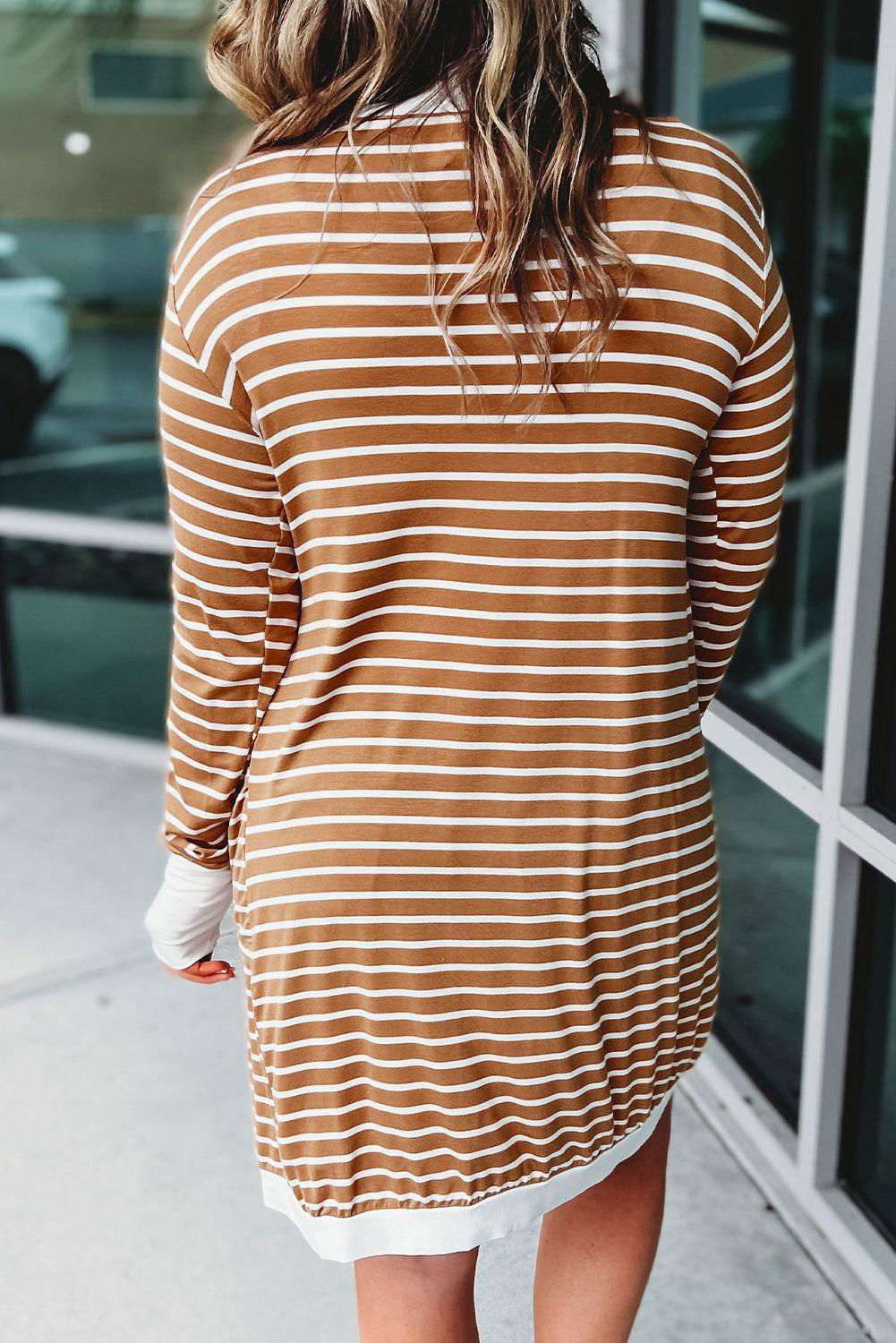 White Striped Side Pockets Open Front Long Cardigan 