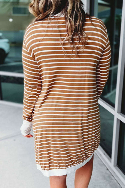 White Striped Side Pockets Open Front Long Cardigan 