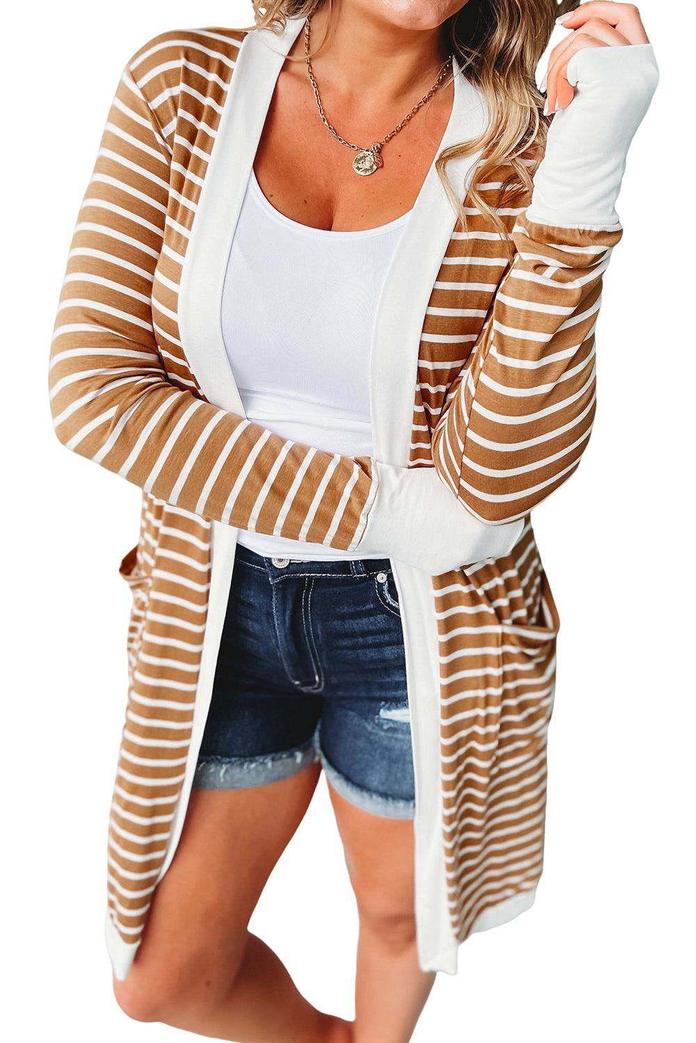 White Striped Side Pockets Open Front Long Cardigan 