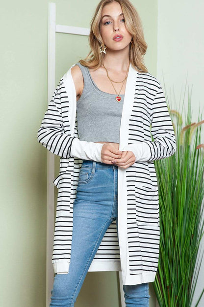 White Striped Side Pockets Open Front Long Cardigan 