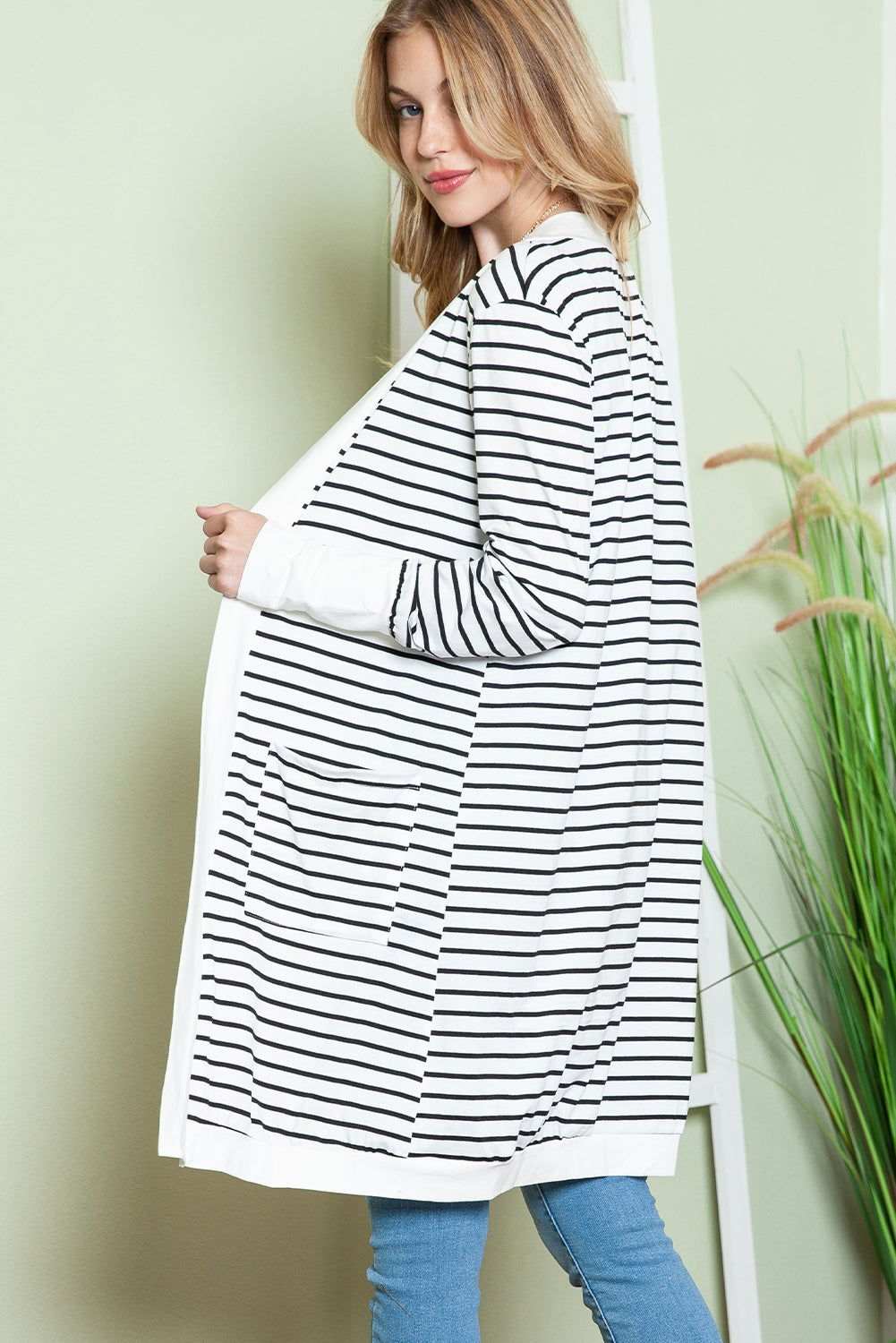 White Striped Side Pockets Open Front Long Cardigan 