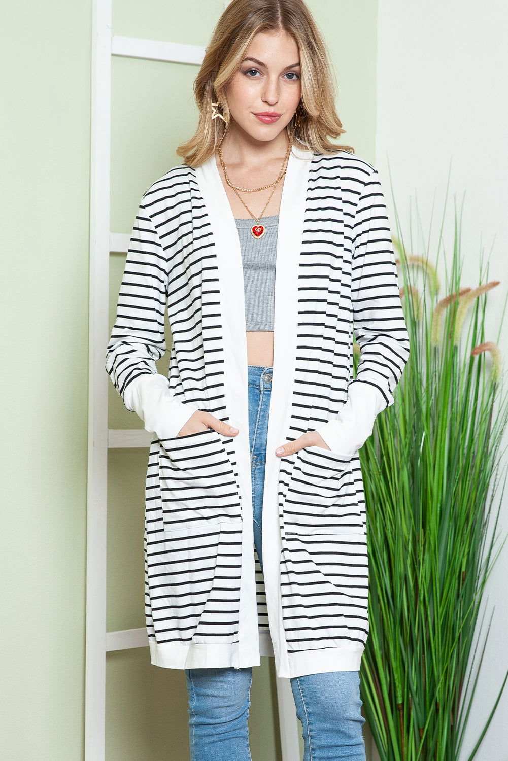 White Striped Side Pockets Open Front Long Cardigan 