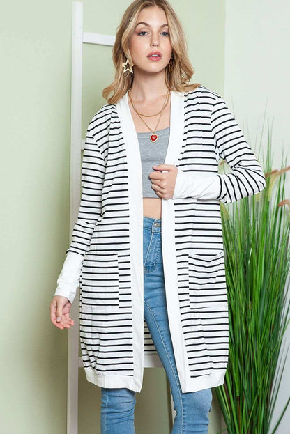 White Striped Side Pockets Open Front Long Cardigan 