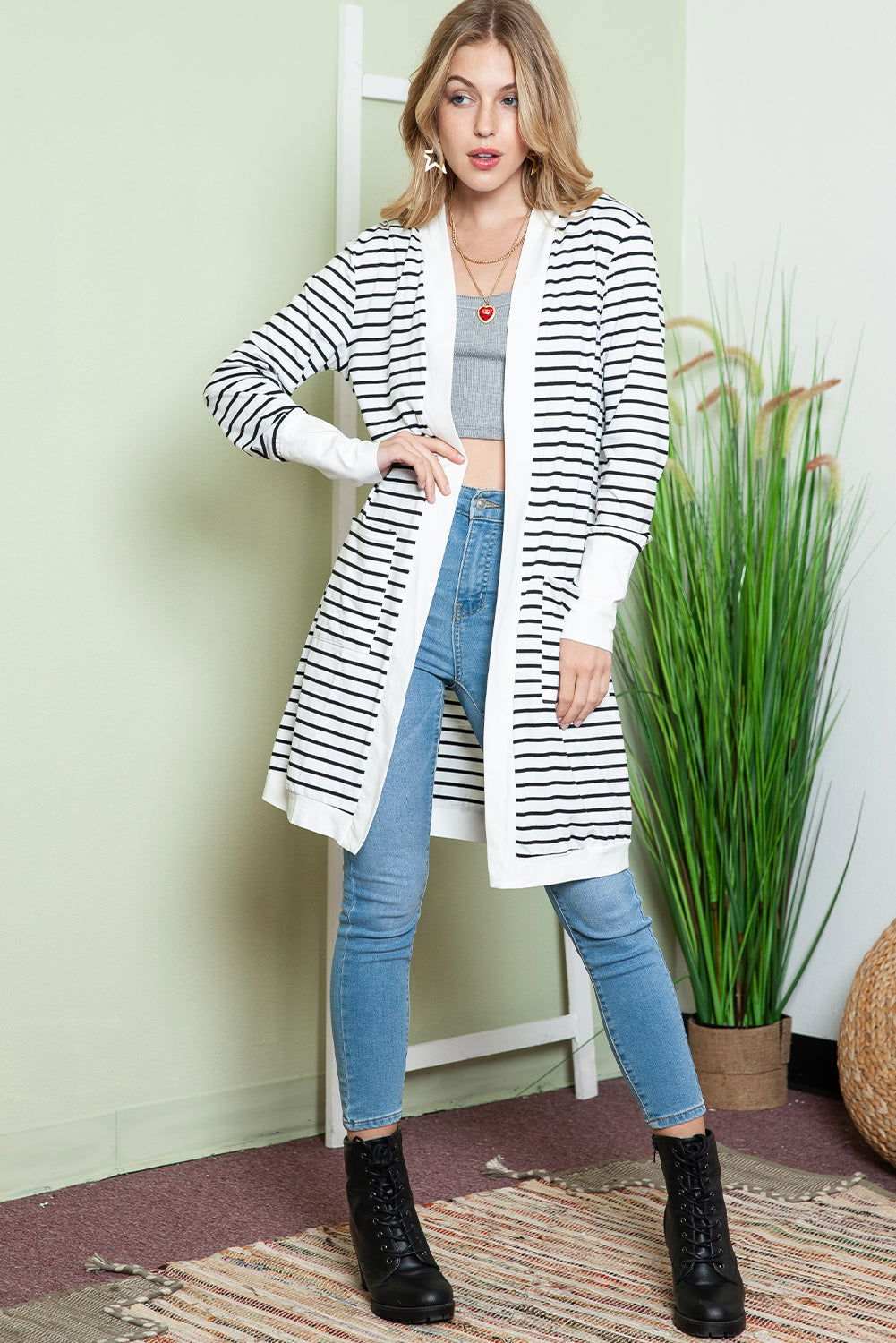 White Striped Side Pockets Open Front Long Cardigan 